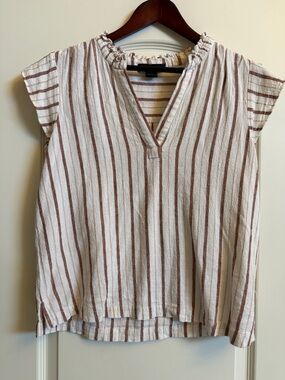 Sanctuary Striped V-Neck Cap-Sleeve Top - White & Brown